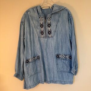 Soft surroundings chambray hooded pullover half zip embroidered petite XL